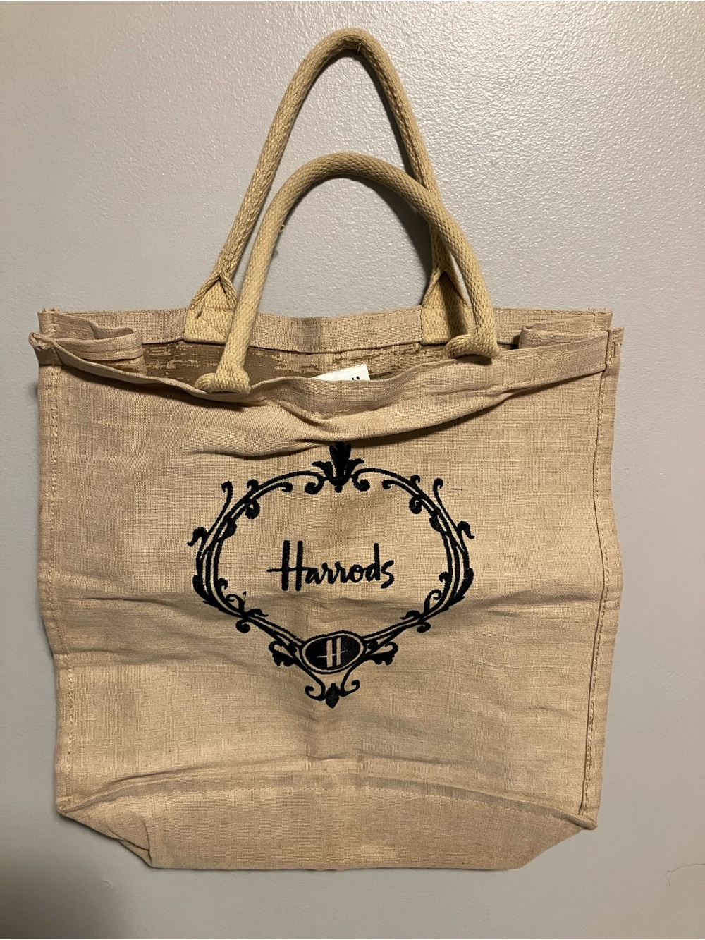 Harrods Natural Beige Canvas Tote with Black Logo